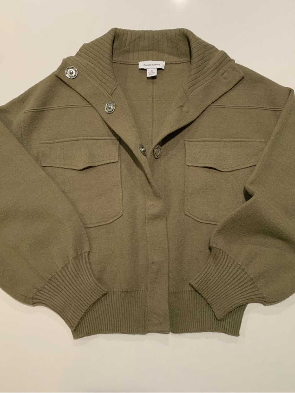 Calligraphie Anthropologie Knit Sweater Bomber Utility Jacket, Olive Green, XS - Picture 4 of 11